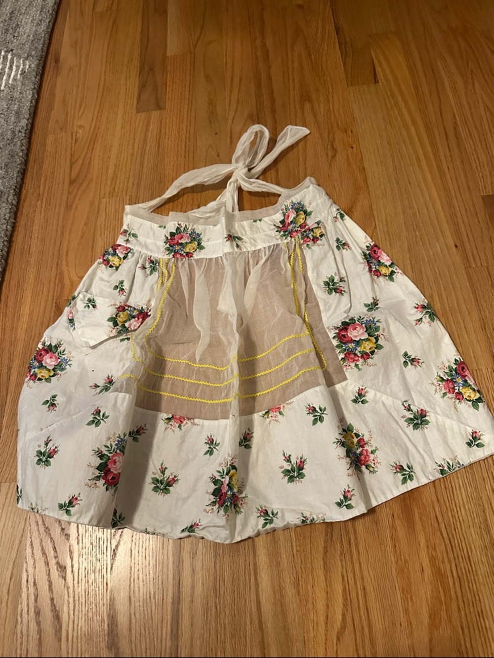 Vintage floral Half Apron skirt with bow floral organza tulle antique feminine